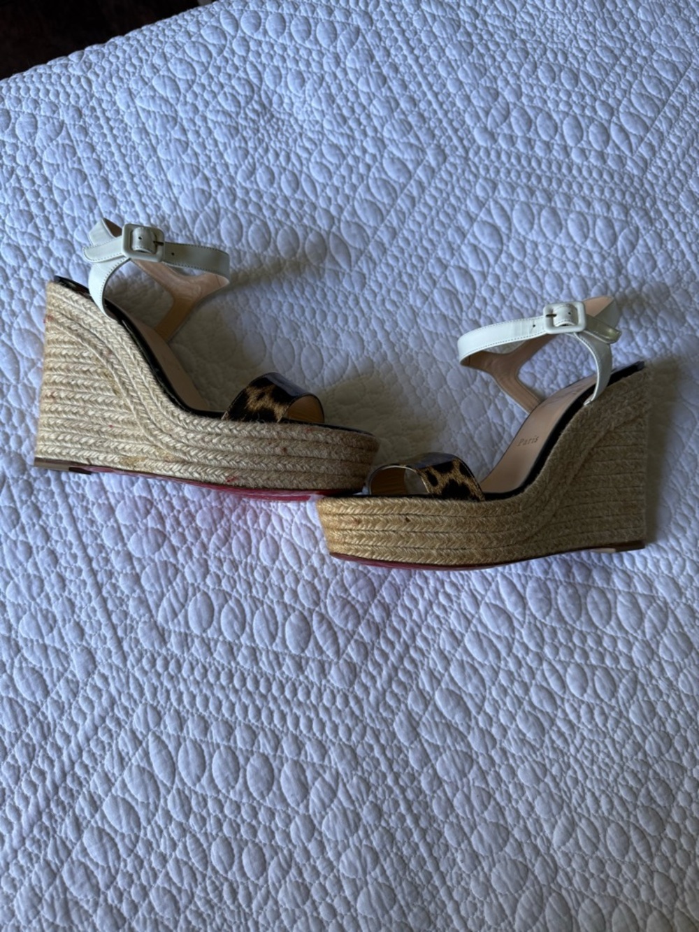 Christian Louboutin White Leather and Leopard Espadrille Wedge Sandals - Picture 4 of 9